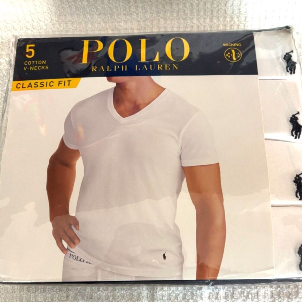 Men's Ralph Lauren Polo Classic Fit V-Neck Shirts 5 Pack, White-Size XL-NWT
